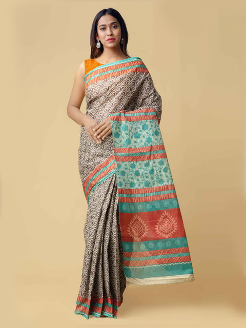 

Unnati Silks Grey & Green Pure Cotton Printed Handloom Saree