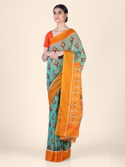 

CLAI WORLD Green & Orange Silk Blend Printed Ikat Saree