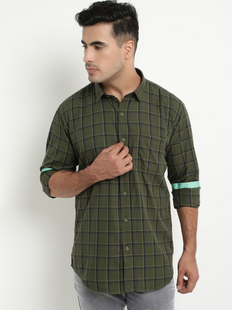 

COBB Men Olive Green Slim Fit Checked Casual Shirt