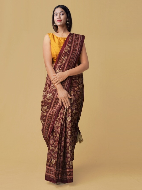 

Unnati Silks Maroon & White Pure Cotton Jaal Print Saree