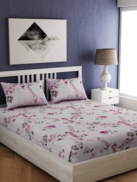 

EverHOME Off-White & Pink Floral 144 TC Cotton 1 King Bedsheet with 2 Pillow Covers