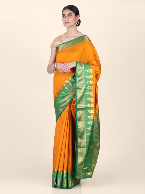 

Hastakala Orange & Green Silk Blend Solid Saree
