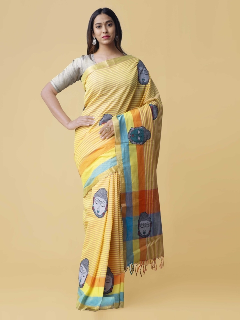 

Unnati Silks Yellow & Blue Pure Cotton Woven Design Mangalagiri Saree