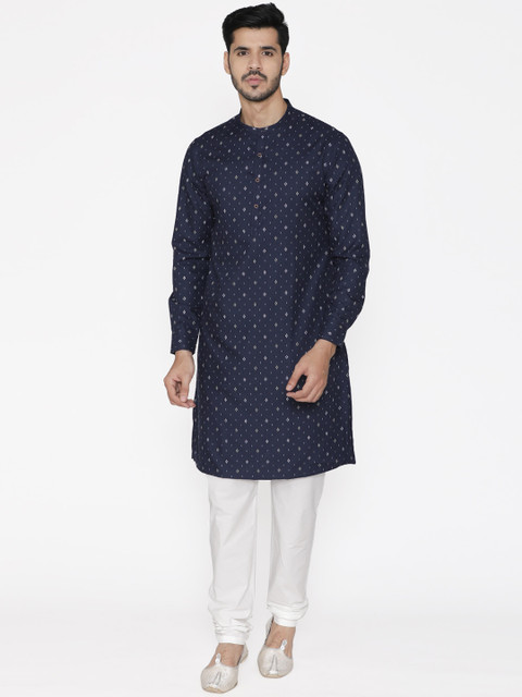 

Manyavar Men Navy Blue Printed Straight Kurta