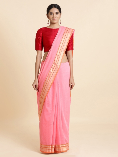 

Taneira Pink & Gold-Toned Striped Maheshwari Saree