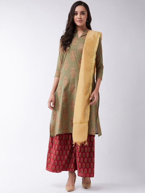 

InWeave Women Olive Green & Maroon Printed Kurta with Sharara & Dupatta