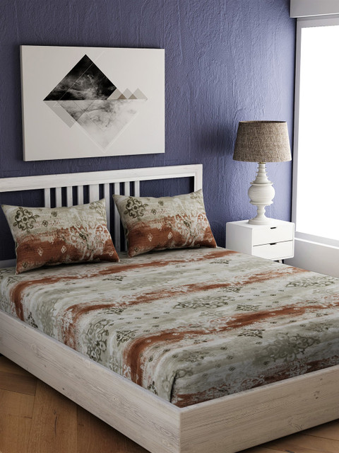 

EverHOME Grey & Brown Ethnic Motifs 144 TC Cotton 1 King Bedsheet with 2 Pillow Covers