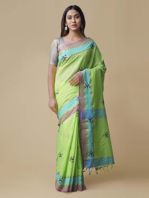 

Unnati Silks Green & Blue Pure Cotton Embroidered Mangalagiri Saree