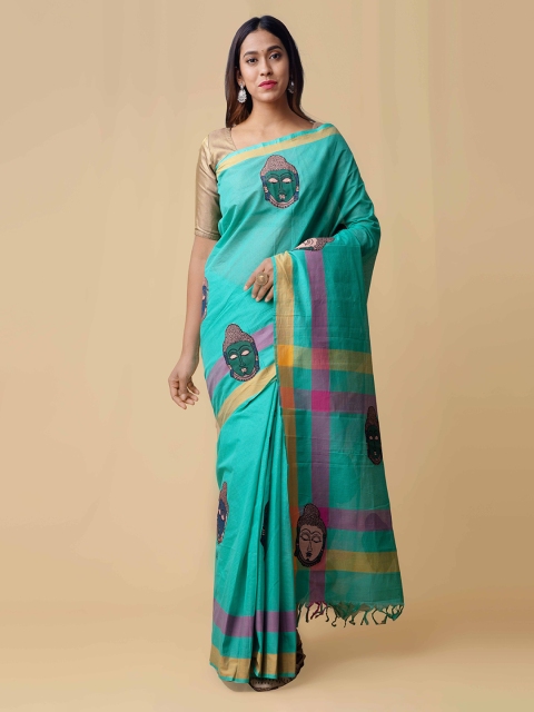 

Unnati Silks Teal Pure Cotton Woven Design Mangalagiri Saree