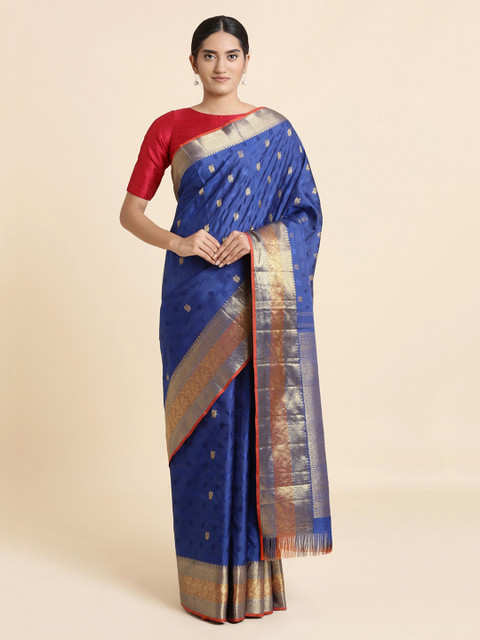 

Taneira Blue & Gold-Toned Handwoven Pure Zari Kanjeevaram Silk Saree