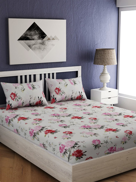 

EverHOME Cream-Coloured & Pink Floral 210 TC Cotton 1 Queen Bedsheet with 2 Pillow Covers
