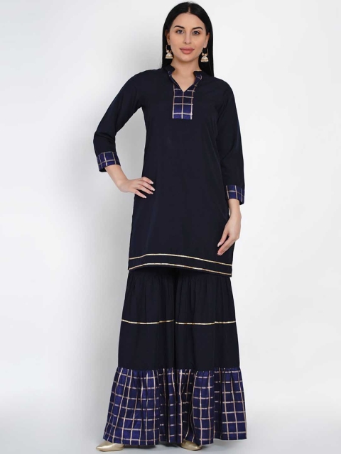 

FABNEST Women Navy Blue & Gold-Coloured Checked Kurti with Sharara
