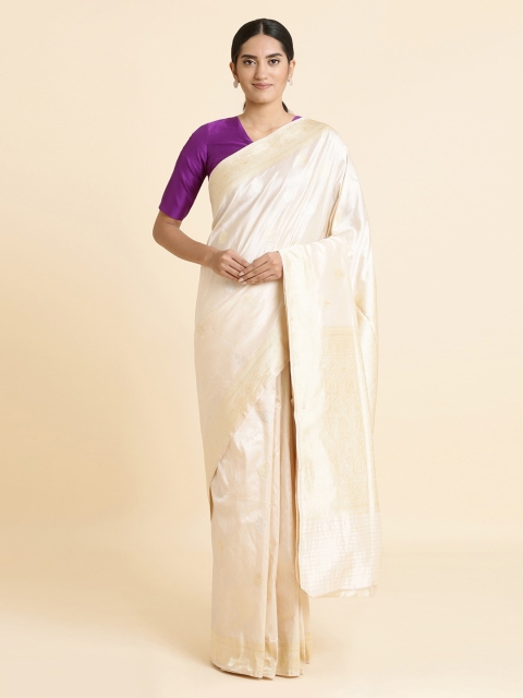 

Taneira Cream-Coloured & Beige Solid Pure Silk Banarasi Sustainable Saree