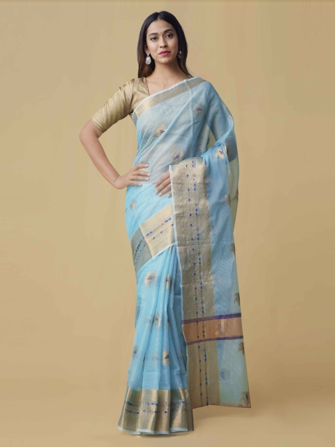 

Unnati Silks Blue & Gold-Toned Silk Cotton Woven Design Banarasi Saree