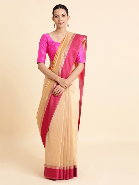 

Taneira Cream-Coloured & Pink Solid Maheshwari Sustainable Saree