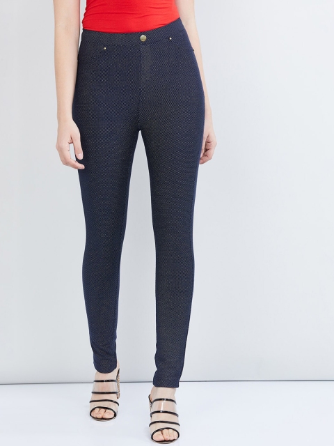 

max Women Navy Blue & White Micro Print Skinny Fit Jeggings