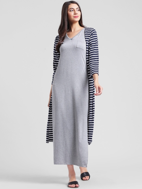 

Rigo Women Navy Blue & White Striped Open Front Shrug