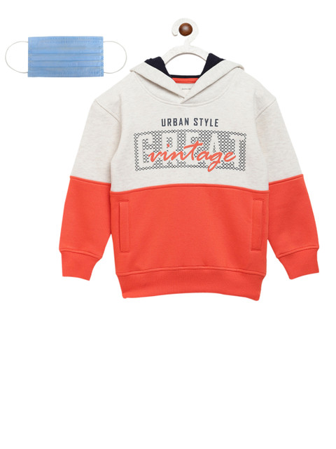 

Lil Tomatoes Boys Orange Off-White Colourblocked Hooded Sweatshirt