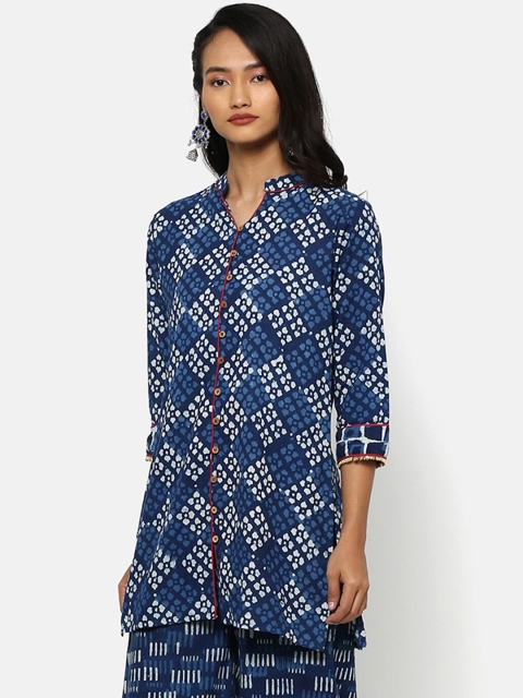 

Saaki Women's Navy Blue & White Dyed Block Printed Tunic