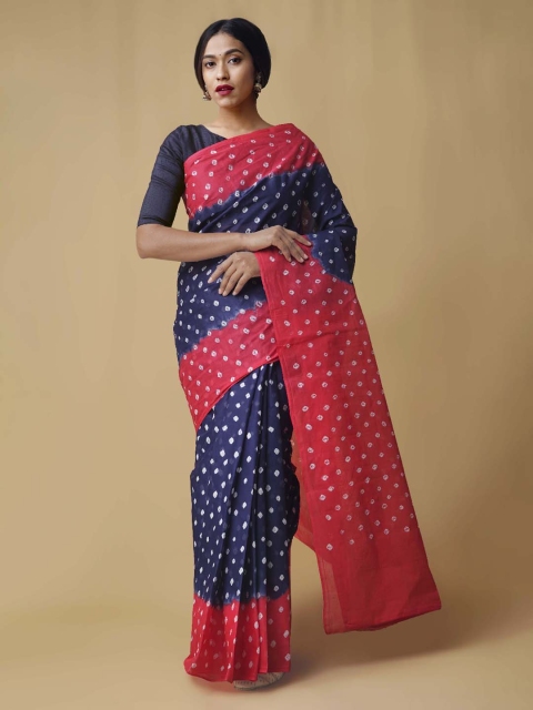 

Unnati Silks Pink & Navy Blue Pure Cotton Dyed Handloom Bandhani Saree