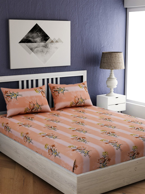 

EverHOME Peach-Coloured Floral 210 TC Cotton 1 Queen Bedsheet with 2 Pillow Covers