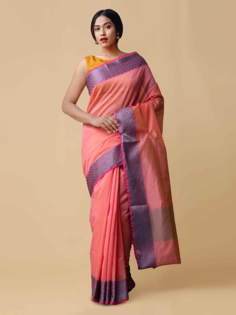 

Unnati Silks Pink Silk Cotton Solid Kanjeevaram Saree