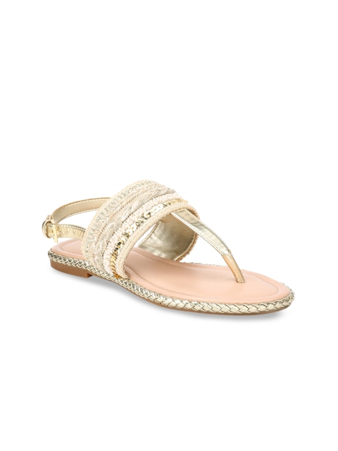 

ALDO Women Gold-Toned Embellished Fabric T-Strap Flats