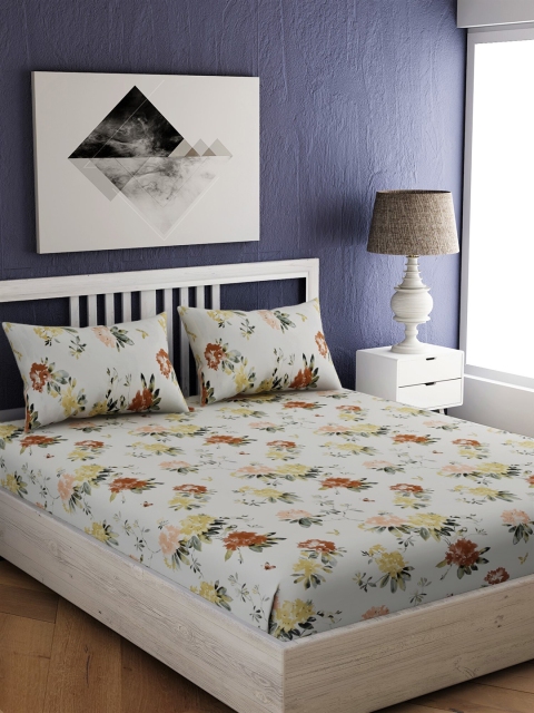 

EverHOME White Floral 210 TC Cotton 1 Queen Bedsheet with 2 Pillow Covers