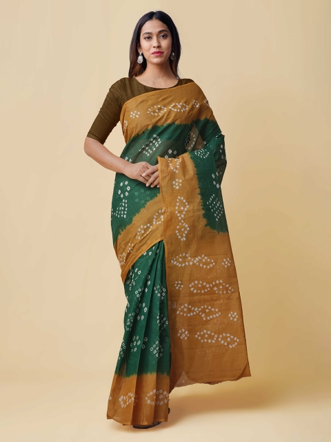 

Unnati Silks Green & Brown Pure Cotton Printed Bandhani Saree