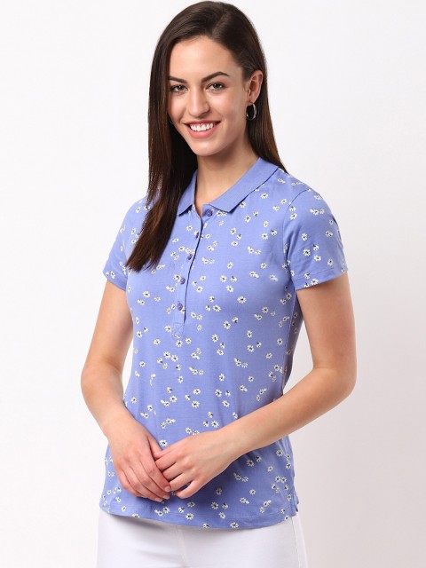

Marks & Spencer Women Blue Printed Polo Collar T-shirt