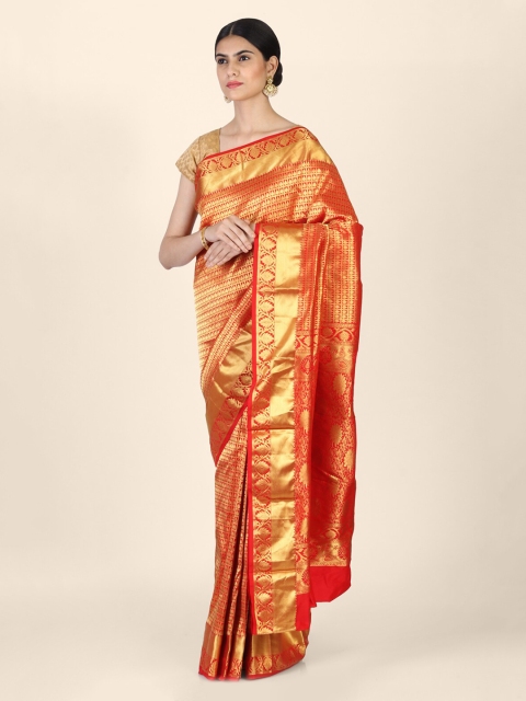 

Hastakala Orange & Gold-Toned Pure Silk Woven Design Kanjeevaram Saree