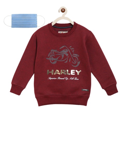 

Lil Tomatoes Boys Maroon Printed Sweatshirt with 3-Ply Mask