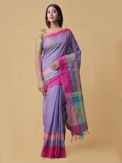 

Unnati Silks Blue & Pink Pure Cotton Embroidered Mangalagiri Saree