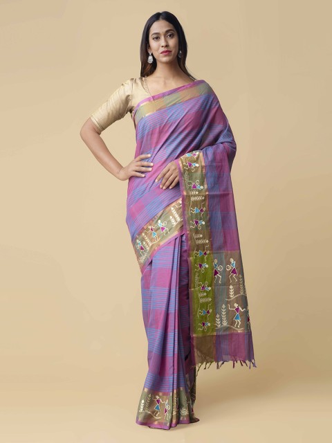 

Unnati Silks Pink & Blue Pure Cotton Checked Mangalagiri Saree