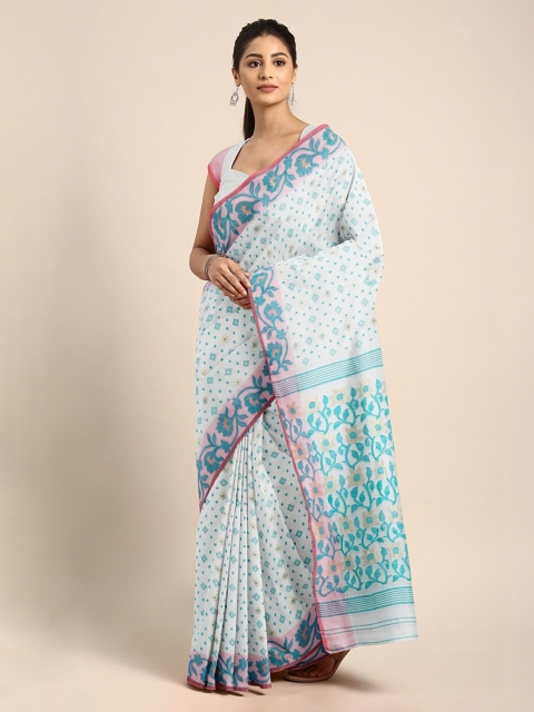 

Mitera White & Black Silk Cotton Solid Jamdani Saree