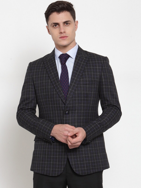 

MAXENCE Men Charcoal Grey & Black Checked Slim-Fit Single-Breasted Formal Blazer