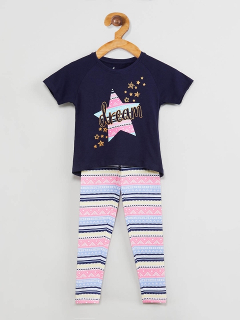 max Girls Blue & Pink Printed T-shirt with Trousers