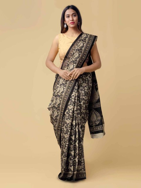 

Unnati Silks Black & Beige Pure Cotton Printed Handloom Saree