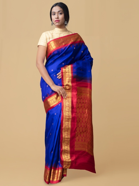 

Unnati Silks Blue & Pink Pure Silk Woven Design Gadwal Handloom Saree