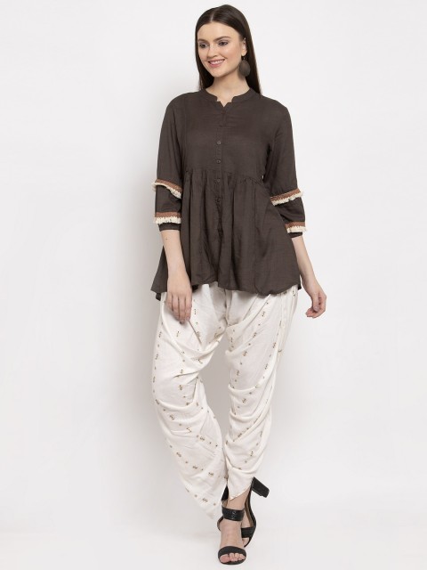 

Aujjessa Women Taupe & White Solid Top with Dhoti Pants