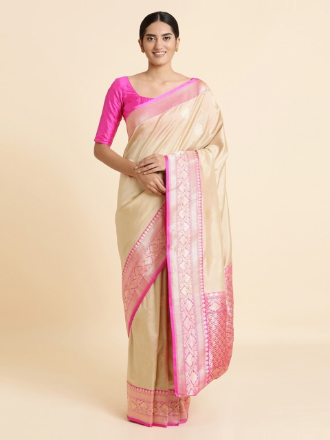 

Taneira Cream-Coloured & Beige Pure Silk Solid Banarasi Saree