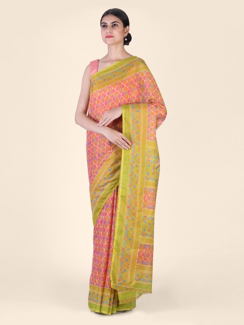 

CLAI WORLD Peach-Coloured & Green Silk Blend Printed Ikat Saree