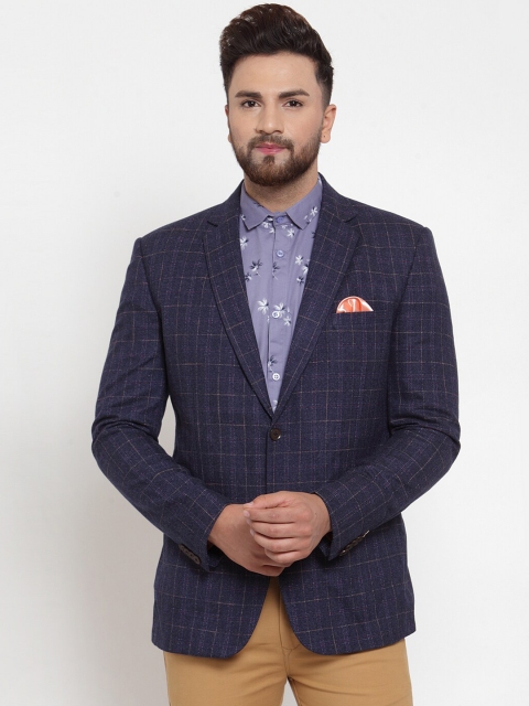 

MAXENCE Men Navy Blue Checked Slim-Fit Single-Breasted Formal Blazer