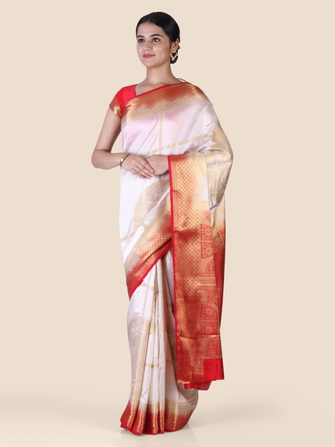 

CLAI WORLD Off-White & Red Silk Blend Woven Design Mysore Silk Saree