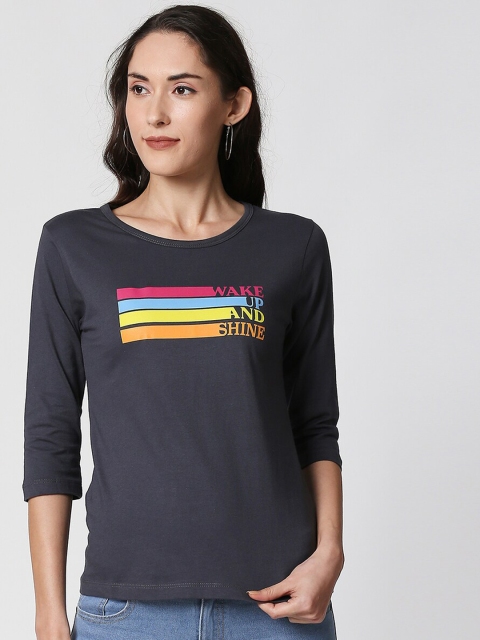 

Bewakoof Women Grey Striped Round Neck T-shirt