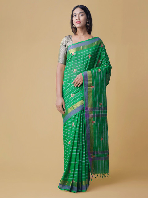 

Unnati Silks Green & Blue Pure Cotton Striped Mangalagiri Handloom Saree