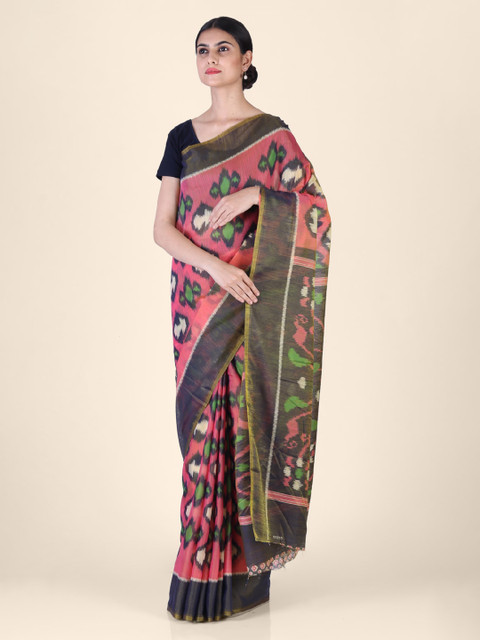 

CLAI WORLD Pink & Green Silk Blend Printed Ikat Saree