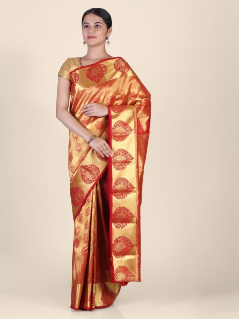 

Hastakala Orange & Gold-Toned Tissue Woven Design Saree