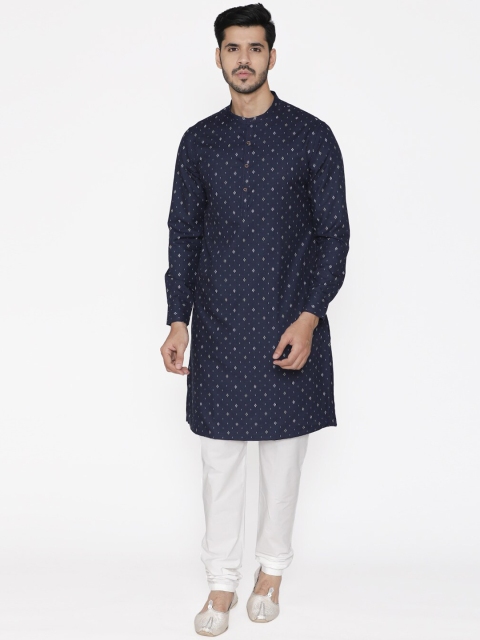 

Manyavar Men Navy Blue Printed Straight Kurta