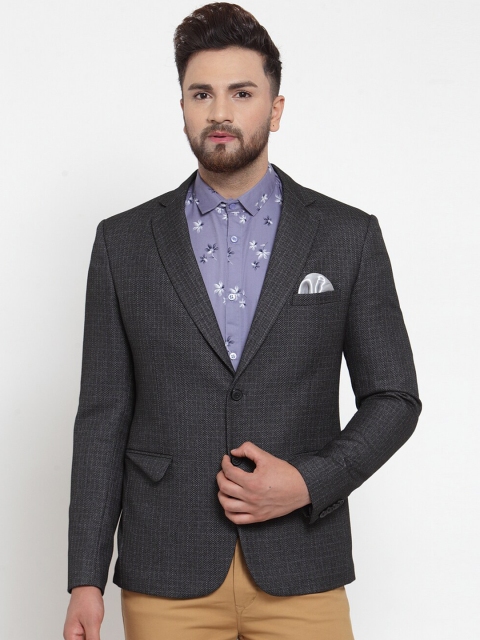 

MAXENCE Men Charcoal Grey Checked Slim-Fit Single-Breasted Formal Blazer